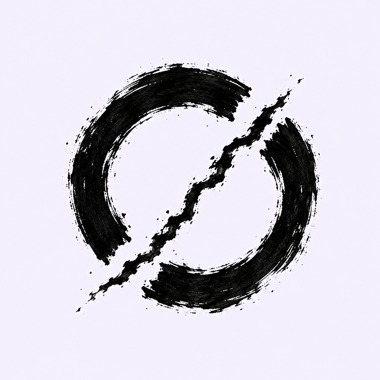 Black brushstroke circle split by a jagged crack