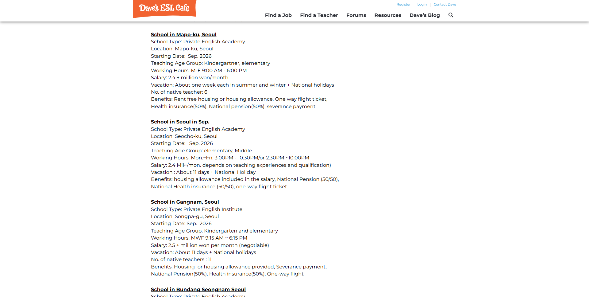 Examples of vague Korean ESL job posts that list locations and job numbers without naming the academy